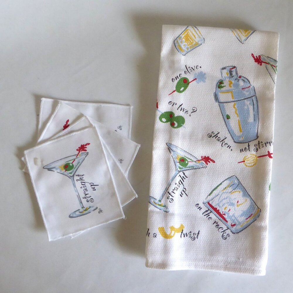 NEW CECIL SAYDAH COCKTAIL BAR TOWEL NAPKIN COASTER MARTINI SHAKER SET (NEW)